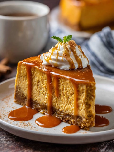 A slice of pumpkin cheesecake with caramel drizzle.