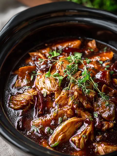 A close up of a crock pot with a delicious meal inside.