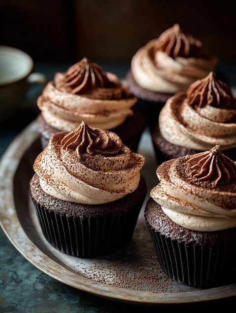 Chocolate Tiramisu Cupcakes with whipped cream on top.
