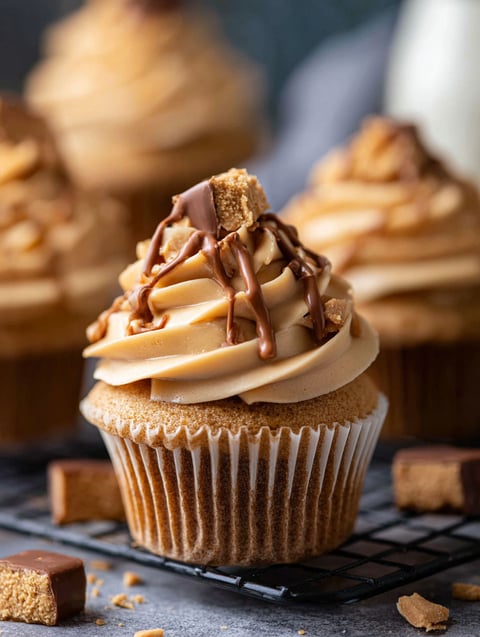 A cupcake with peanut butter frosting and a peanut butter topping.