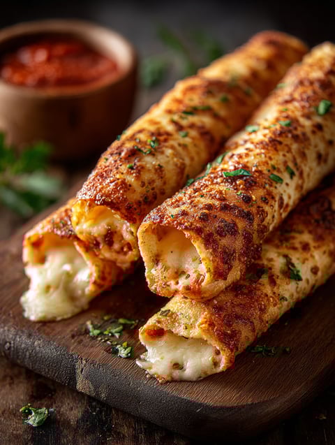 A pizza roll is on a wooden table.