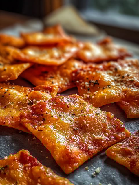 A pile of crispy pizza chips.