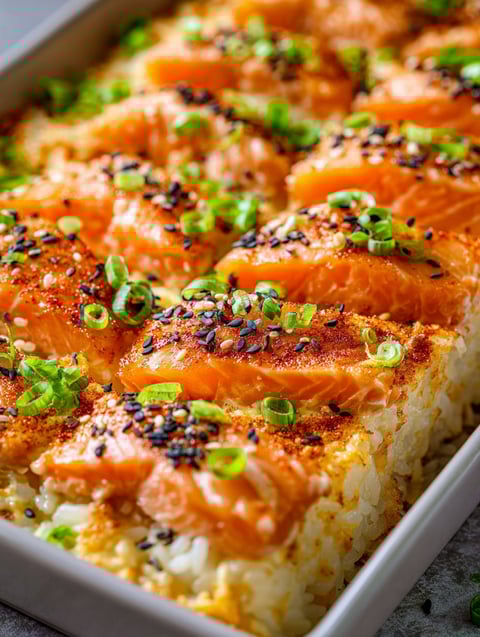 A dish of salmon sushi bake with black sesame seeds on top.
