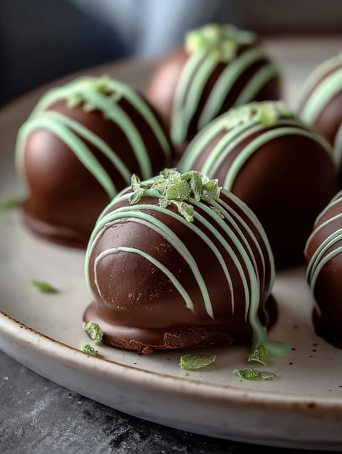 A plate of chocolate truffles with mint.
