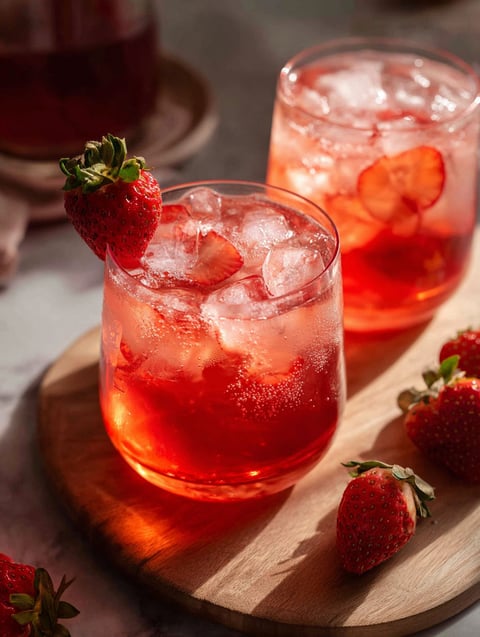 Two glasses of iced tea with strawberries in them.