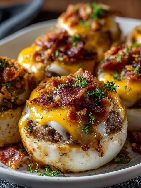 Bacon cheeseburger rollups with garlic butter.