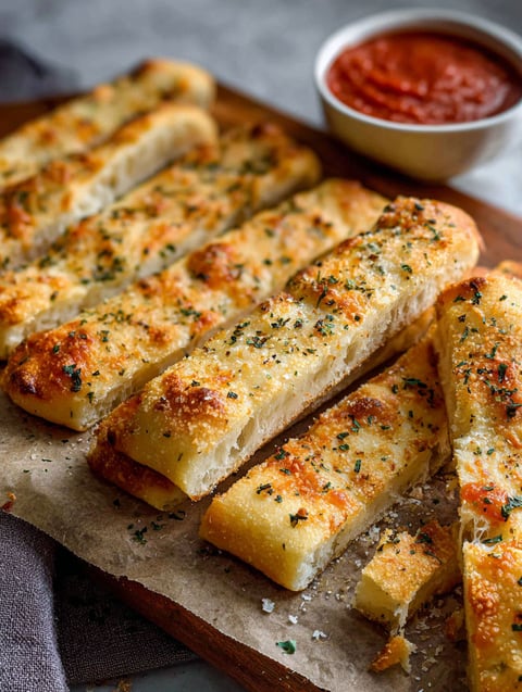 A plate of breadsticks with cheese and herbs.