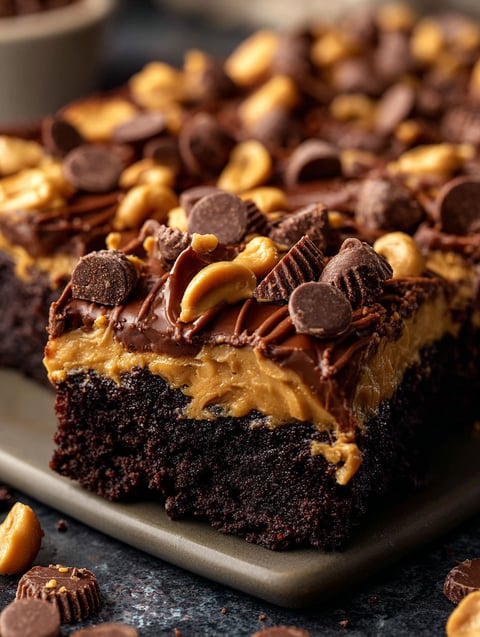 A slice of chocolate peanut butter earthquake cake.