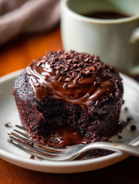 A chocolate mug cake with chocolate drizzle.