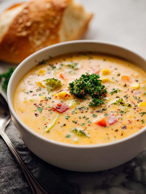 A bowl of creamy vegetable soup with broccoli and carrots.