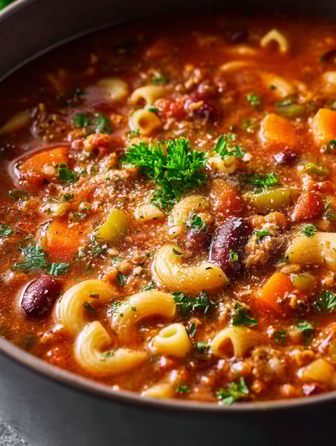 A bowl of pasta fagioli soup with a green herb on top.