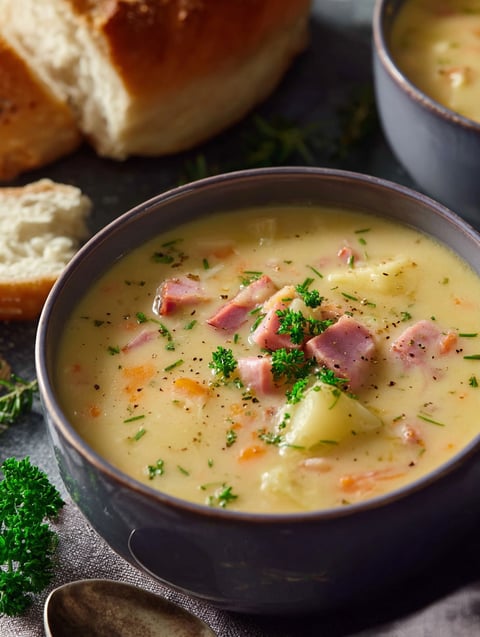 A bowl of soup with ham and potatoes.
