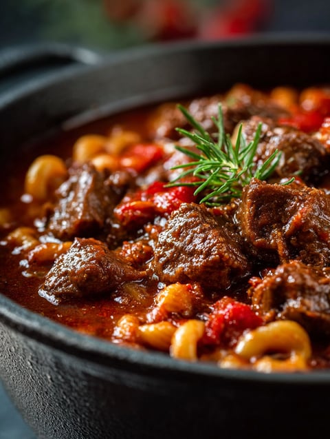 A pot of old fashioned goulash with meat and pasta.