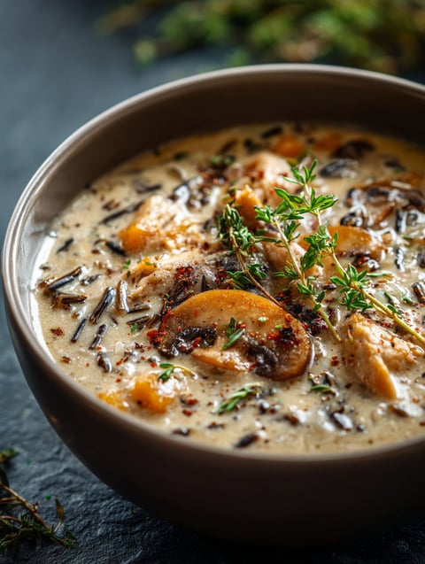 A bowl of soup with mushrooms and herbs.
