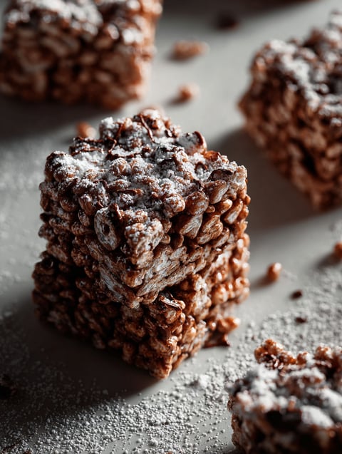 A square of rice krispies with white powder on top.