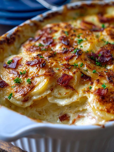 A dish of scalloped potatoes with bacon and cheese.