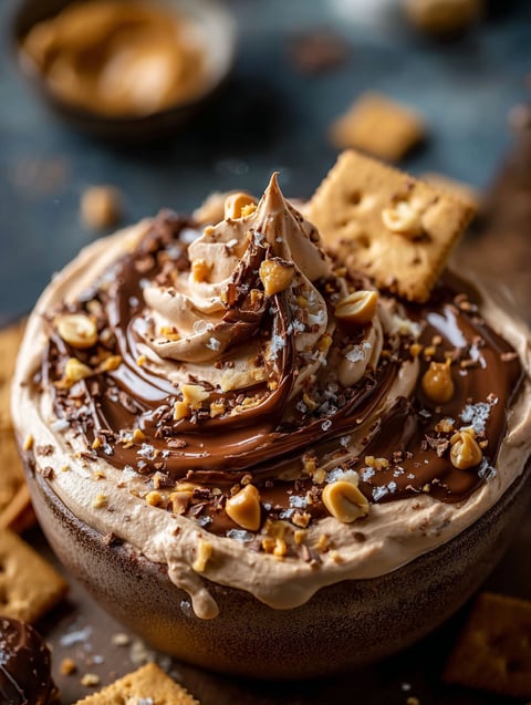 A bowl of peanut butter dip with a spoon in it.