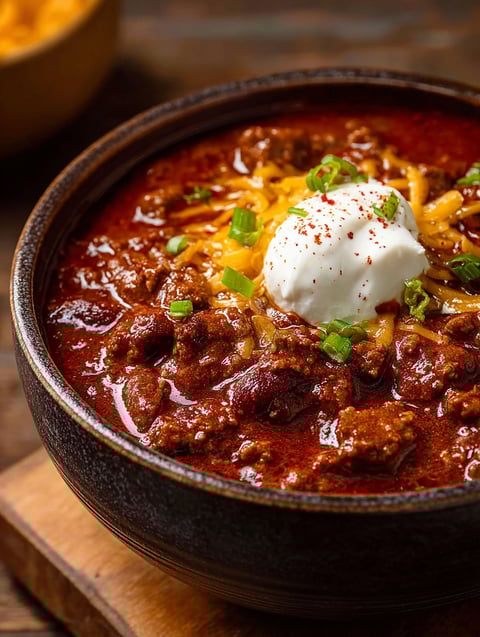 A bowl of Texas chili with a dollop of sour cream on top.