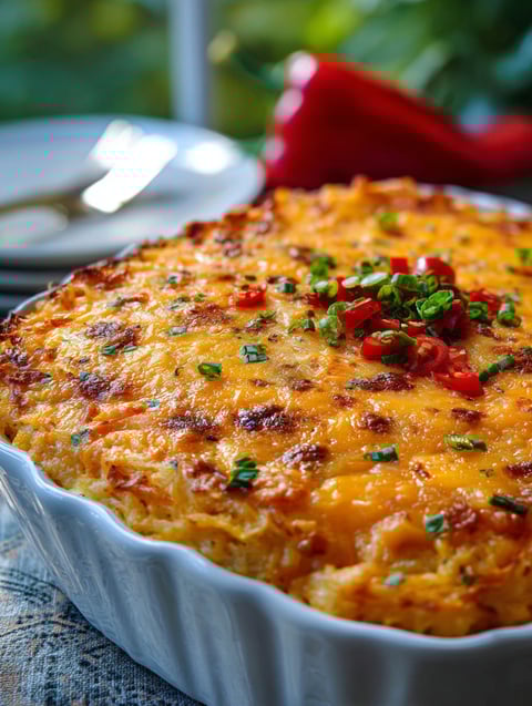 A dish of pimento cheese hash brown casserole.