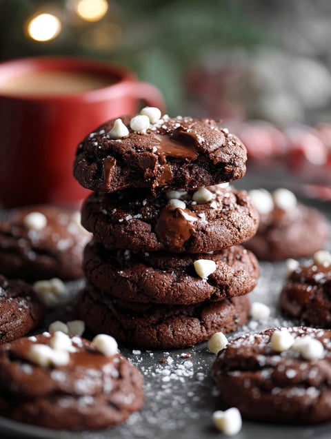 A stack of chocolate cookies with white chocolate chips.