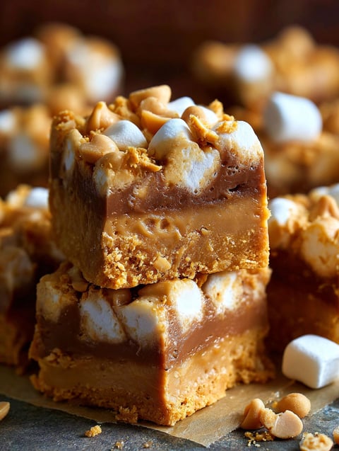 A close up of a peanut butter mallow bar.