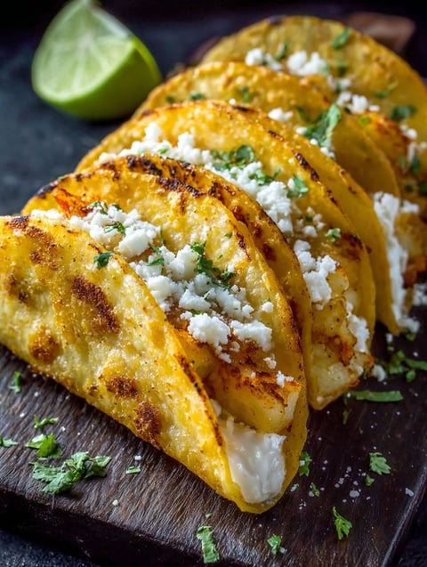 A plate of potato tacos with cheese and sour cream.