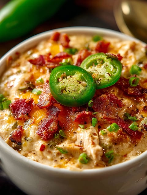 A bowl of chicken jalapeño popper chili.