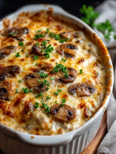 A baked cheesy mushroom casserole in a white bowl.
