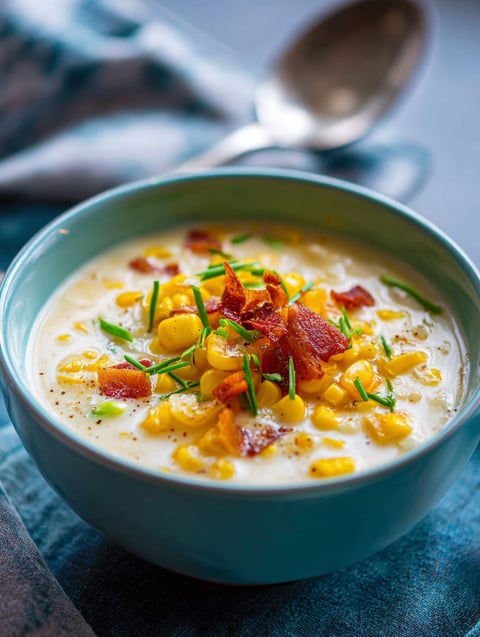 A bowl of corn chowder with bacon and corn.