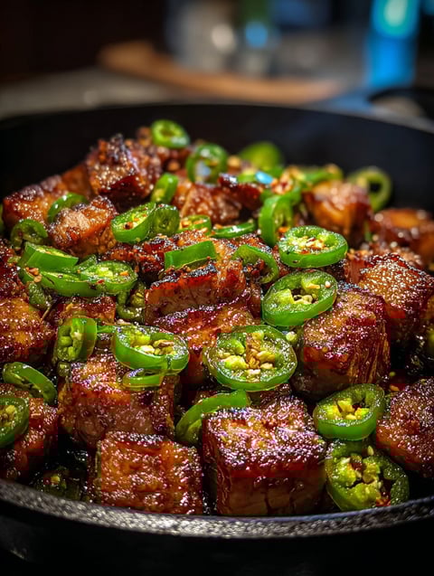 A pan of meat with jalapenos on top.