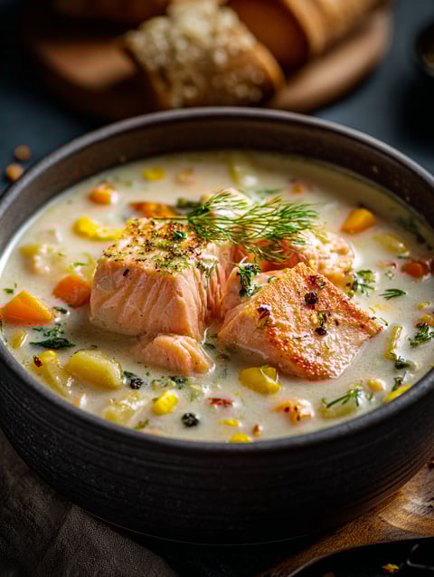 A bowl of salmon chowder with a slice of bread.