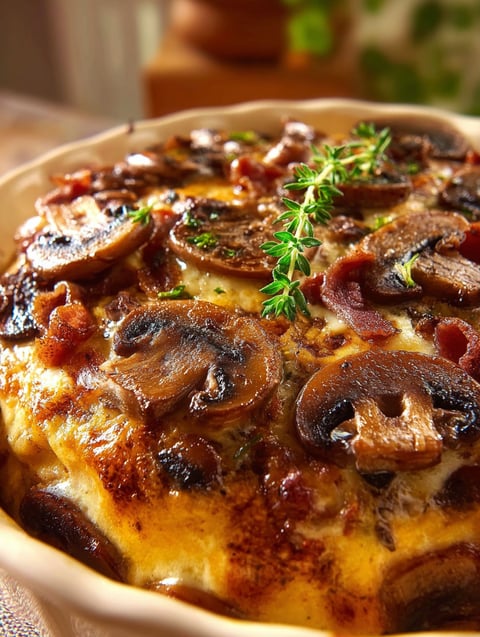 A close up of a hamburger mushroom bake.