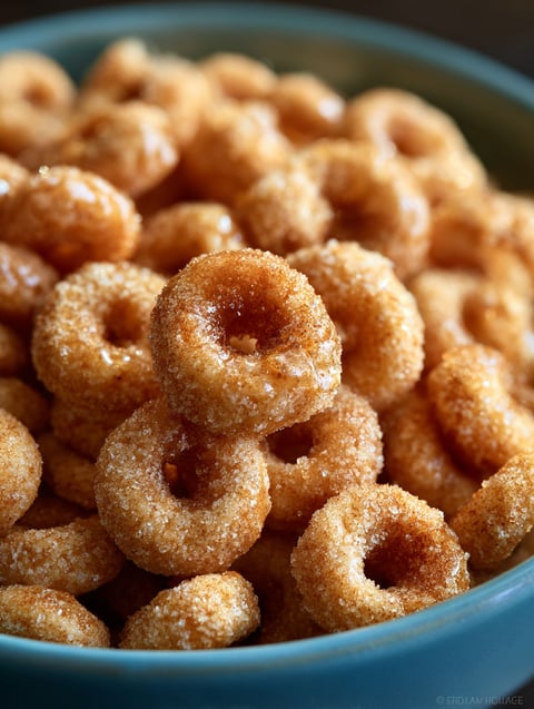 A bowl of mini doughnuts with a buttery glaze.