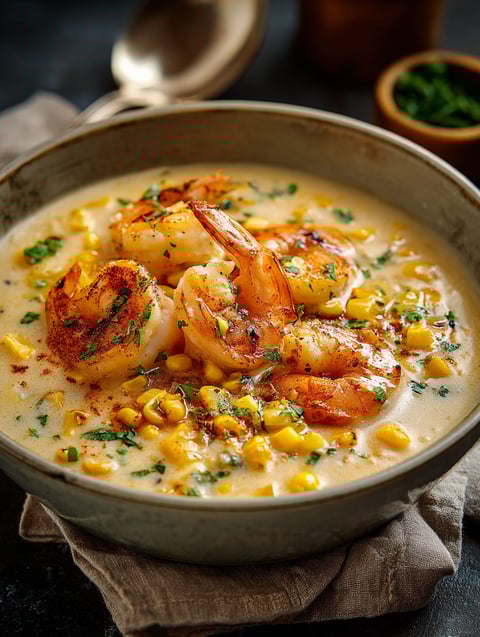 A bowl of shrimp and corn chowder.