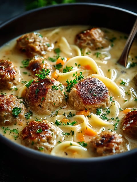 A bowl of meatball soup with noodles and vegetables.