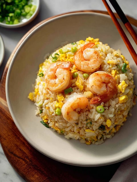A plate of shrimp fried rice.