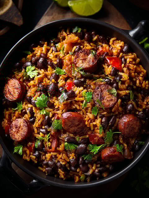 A hearty black beans and rice dish.