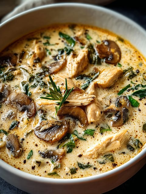 A bowl of soup with mushrooms and chicken.