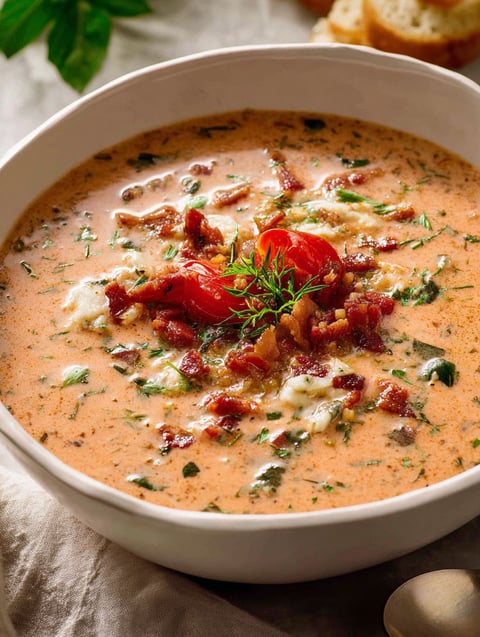 A bowl of soup with bacon, lettuce, and tomato.