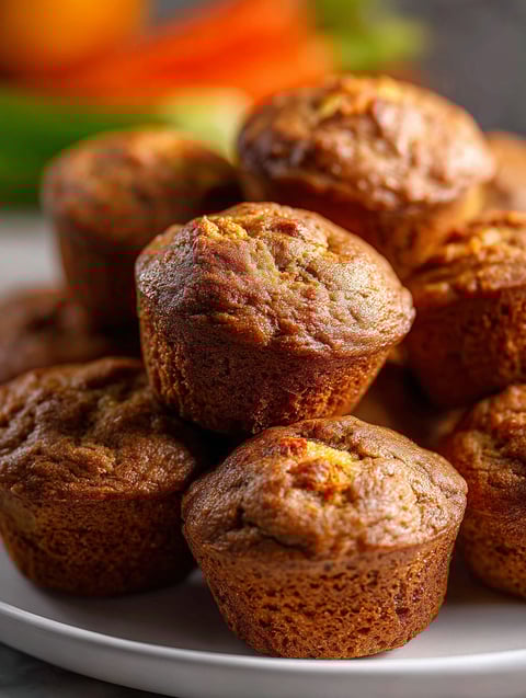 A plate of muffins with a carrot in the background.