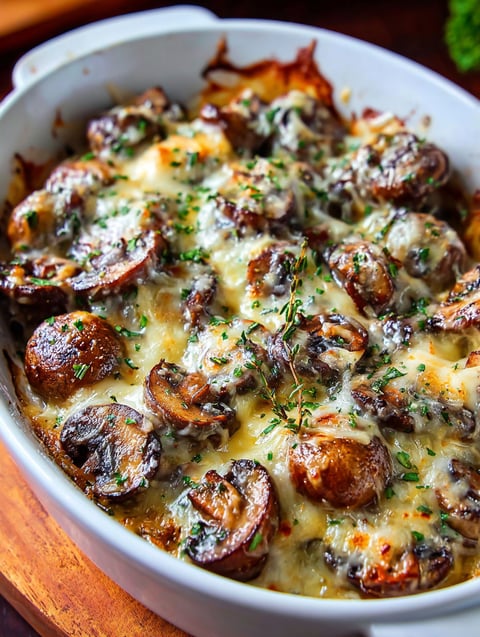 A bowl of cheesy mushroom casserole.