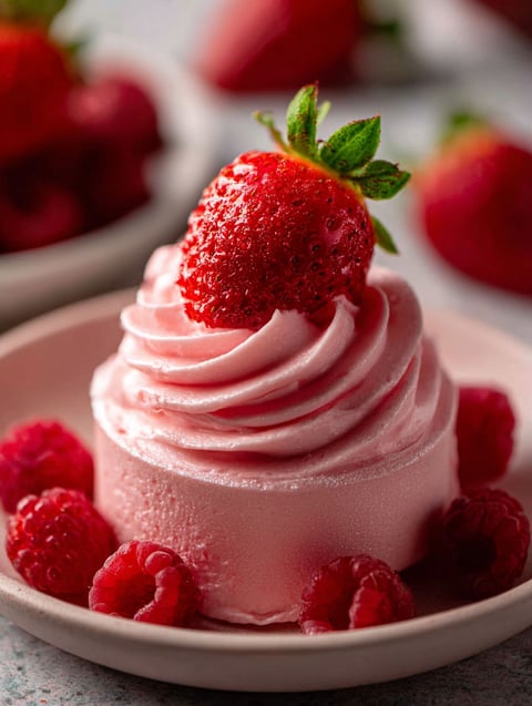 A bowl of raspberry mousse with a strawberry on top.