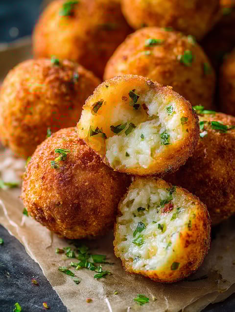 A plate of rice balls with cheese and herbs.