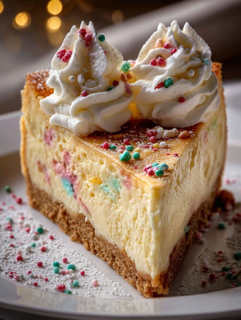 A slice of cheesecake with a white whipped cream topping.