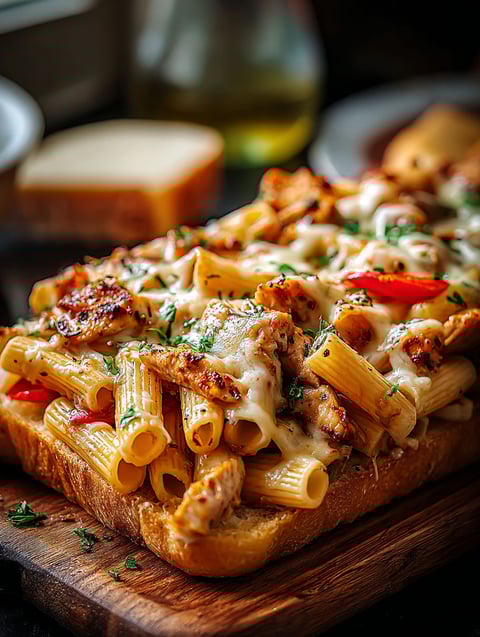 A delicious looking panini with chicken and pasta.
