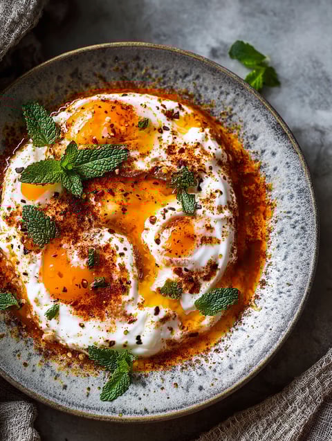 A plate of eggs with mint leaves on top.