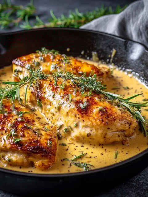 A dish of chicken with a creamy mustard sauce.