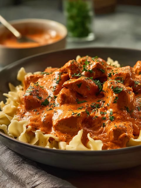 A plate of chicken paprikash with noodles and sauce.
