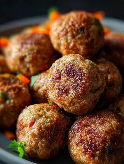 A plate of meatballs with vegetables hidden inside.