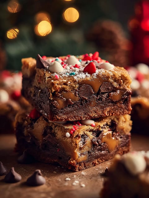 A stack of chocolate chip cookie bars with white and red sprinkles.